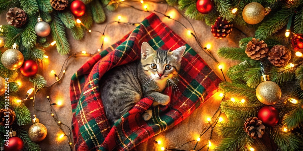 Charming kitten nestled on a cozy Christmas blanket, enveloped by delightful holiday décor and shimmering lights, creating a heartwarming and festive ambiance. Charming kitten nestled on a cozy Christmas blanket, enveloped by delightful holiday décor and shimmering lights, creating a heartwarming and festive ambiance.