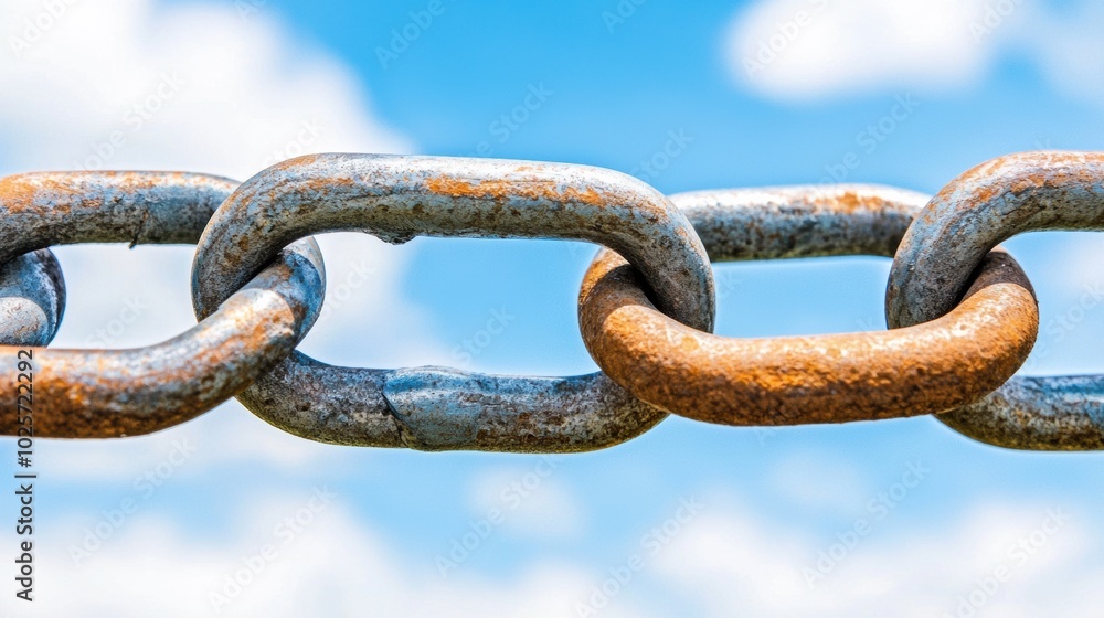 Rusty Links of Chain Against Blue Sky Background Rusty Links of Chain Against Blue Sky Background