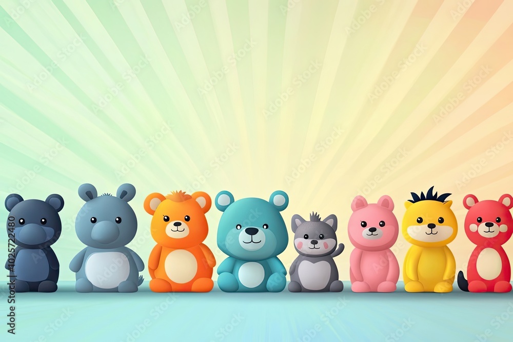 Colorful Plush Animal Toys Against a Light Background Colorful Plush Animal Toys Against a Light Background