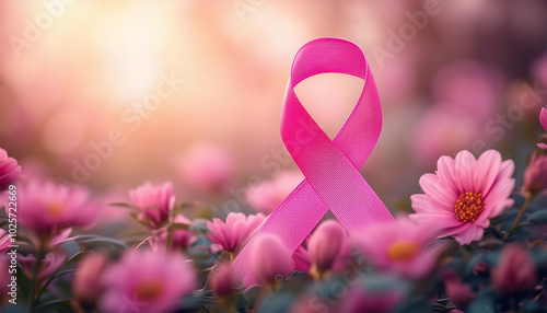 Pink ribbon symbolizing hope and breast cancer awareness amidst a serene, floral background