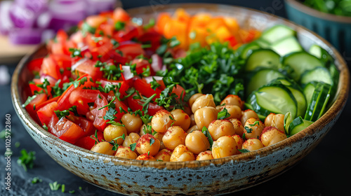 Fresh Mediterranean chickpea salad with tomatoes and herbs