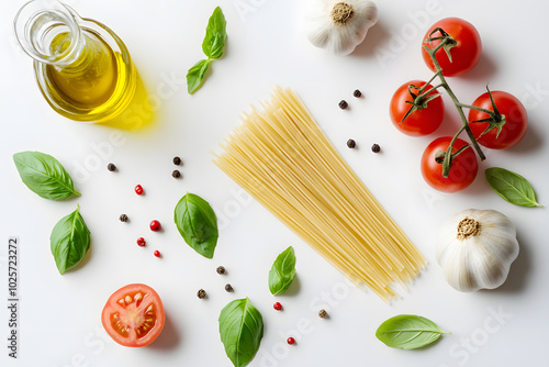 Neatly arranged garlic, pasta, ripe tomatoes, olive oil, and basil leaves on white surface, showcasing fresh ingredients for a Mediterranean meal