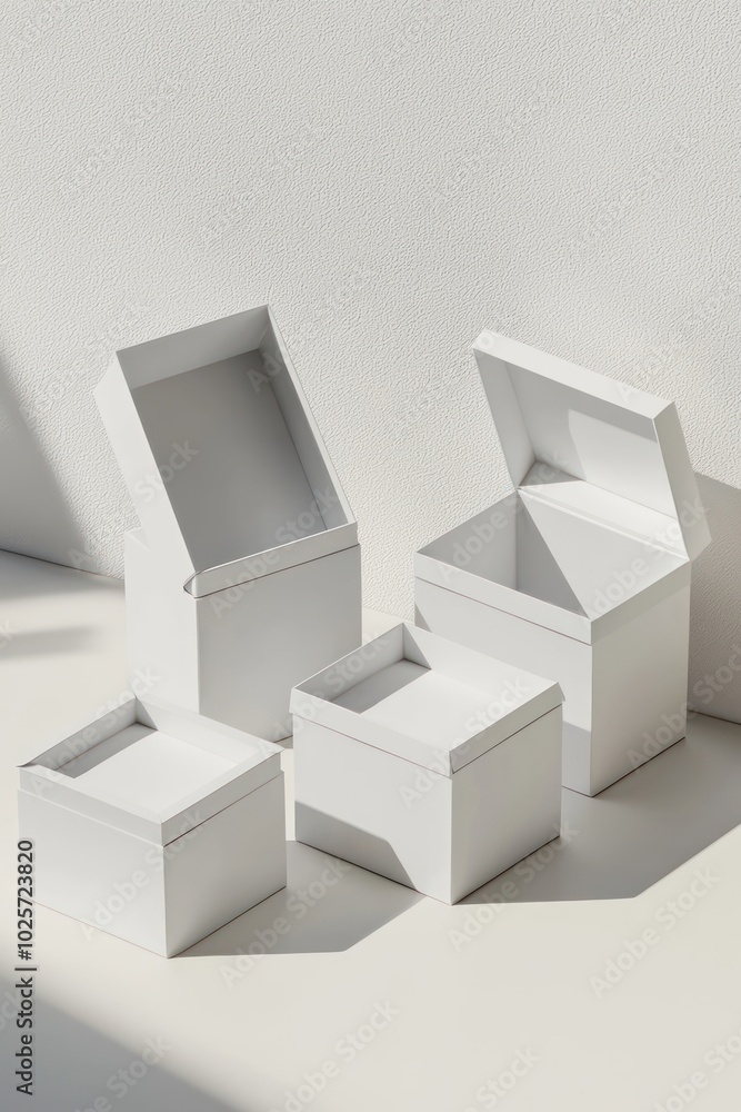 A trio of white boxes, small to large, each rendered in 3D with a partially open lid. A trio of white boxes, small to large, each rendered in 3D with a partially open lid.