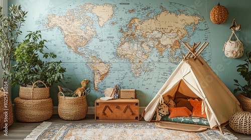 Adventurethemed nursery with map wallpaper, wooden furniture, and a cozy tent for reading, adventurous and fun, wide shot photo