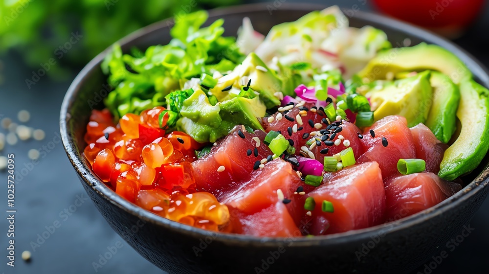Fresh poke bowl with tuna, avocado, and vibrant vegetables. Fresh poke bowl with tuna, avocado, and vibrant vegetables.