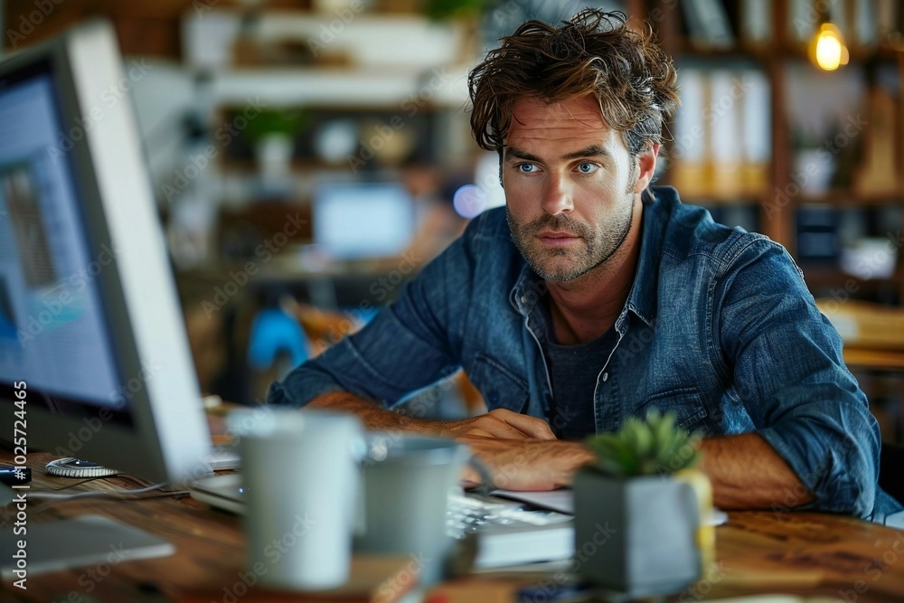 photo capturing a mid adult businessman focused on his computer screen while working at his desk in a modern office setting. photo capturing a mid adult businessman focused on his computer screen while working at his desk in a modern office setting.