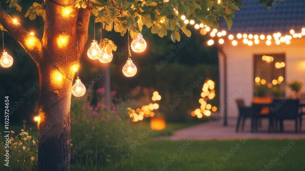Tree in garden decorated with string lights, creating warm night-time atmosphere Tree in garden decorated with string lights, creating warm night-time atmosphere