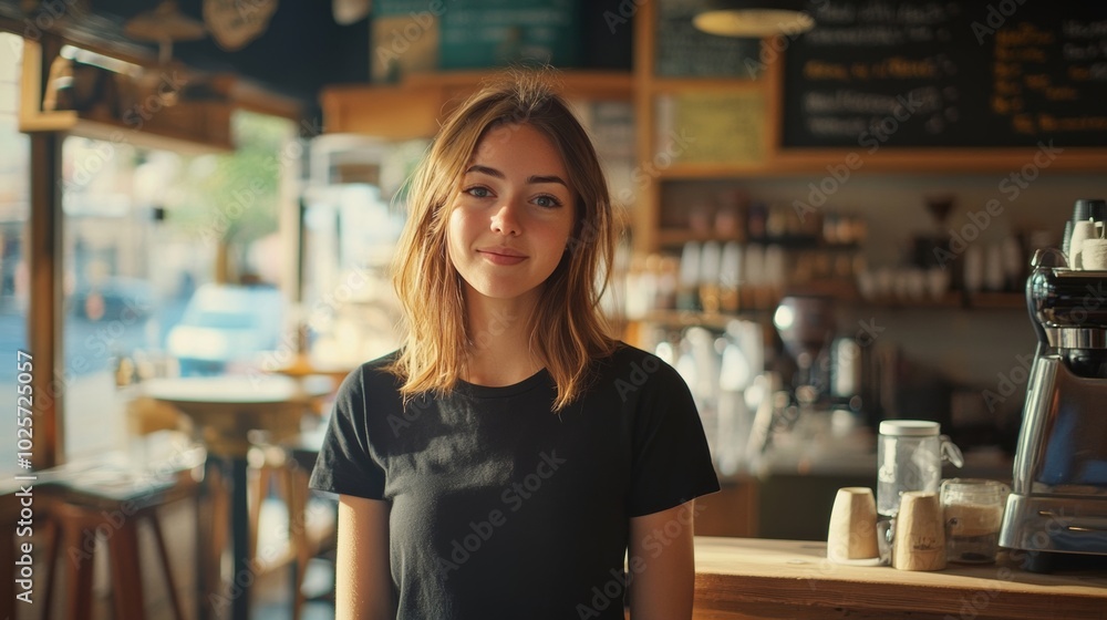 Young Barista Smiling in a Cozy Cafe, Offering Warmth and Welcoming Vibes to Customers Young Barista Smiling in a Cozy Cafe, Offering Warmth and Welcoming Vibes to Customers