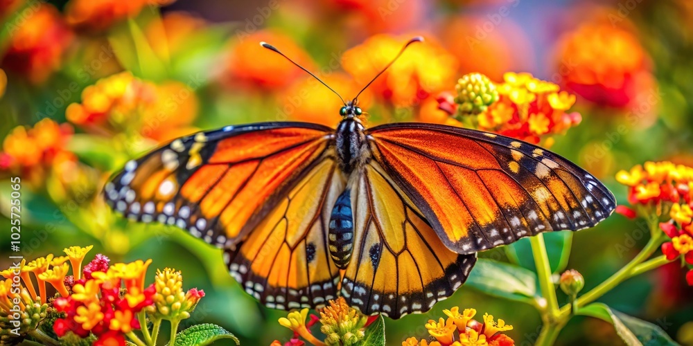 Closeup of colorful butterfly on bush with flowers Closeup of colorful butterfly on bush with flowers