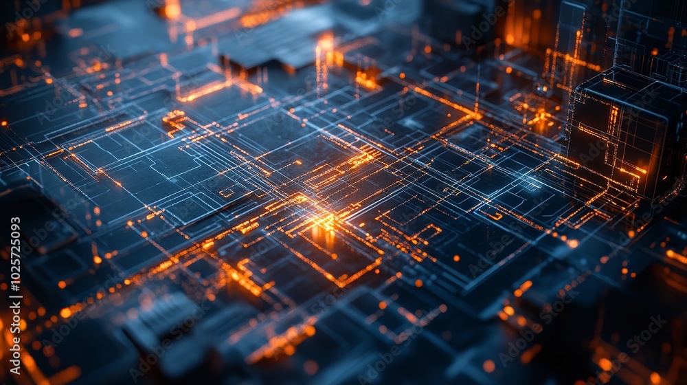 An electric blue glow illuminates the center of a close-up computer chip of complex blueprint algorithms for automotive lighting or construction. An electric blue glow illuminates the center of a close-up computer chip of complex blueprint algorithms for automotive lighting or construction.