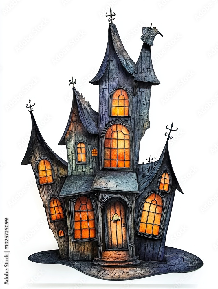 Spooky haunted house with glowing windows, Watercolor illustration of a creepy, crooked haunted house with glowing windows, eerie towers, and leafless trees, evoking a spooky Halloween atmosphere.
Spooky haunted house with glowing windows, Watercolor illustration of a creepy, crooked haunted house with glowing windows, eerie towers, and leafless trees, evoking a spooky Halloween atmosphere.