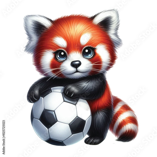 Red pandas playing football sport soccer game  clipart watercolor