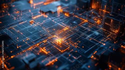An electric blue glow illuminates the center of a close-up computer chip of complex blueprint algorithms for automotive lighting or construction.