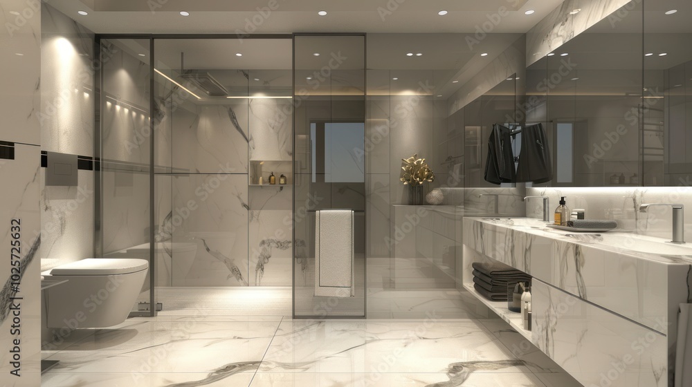 Modern Bathroom Interior with Marble Tiles and Glass Shower Enclosure Modern Bathroom Interior with Marble Tiles and Glass Shower Enclosure