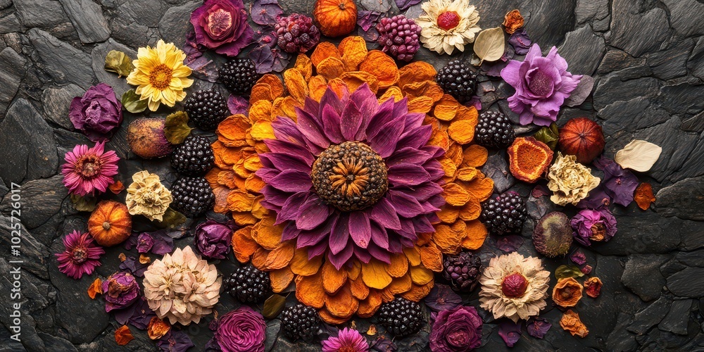 Colorful mandala made from dried flower petals arranged creatively on a dark background, showcasing vibrant natural textures and symmetry. Colorful mandala made from dried flower petals arranged creatively on a dark background, showcasing vibrant natural textures and symmetry.