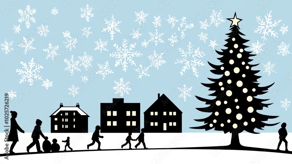 Fototapeta premium Winter Scene with Christmas Tree and Snowflakes