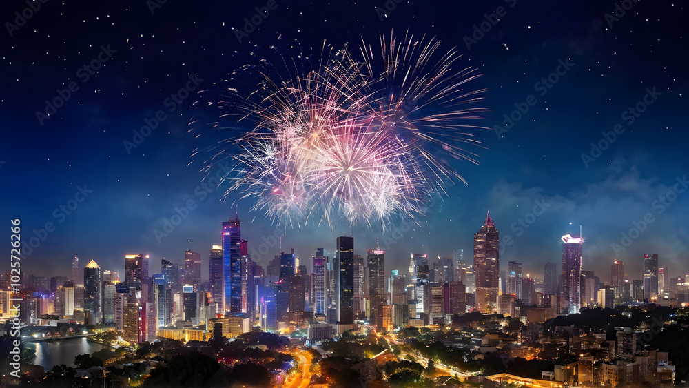 Obraz premium Fireworks in the city image wallpaper. New year's eve celebration, abstract fire background, holiday festive season party event landscape. Colourful star display illuminate night sky. 3d modern design