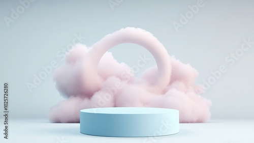 A dreamy display featuring a pastel-colored cloud formation surrounding a circular platform, ideal for product showcases.