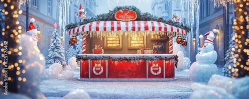 Festive mockup of a ticket booth at a winter festival decorated with holiday garlands.