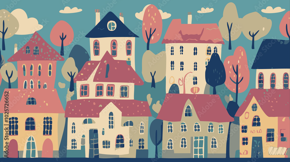 Fototapeta premium Whimsical Forest Hamlet: Storybook Style Illustration, Perfect for Children's Books and Digital Art Creations, Showcasing Winter and Nature's Beauty