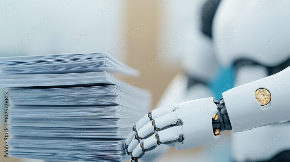 A robotic hand handling a stack of documents, showcasing advanced technology and automation in contemporary workflow. A robotic hand handling a stack of documents, showcasing advanced technology and automation in contemporary workflow.