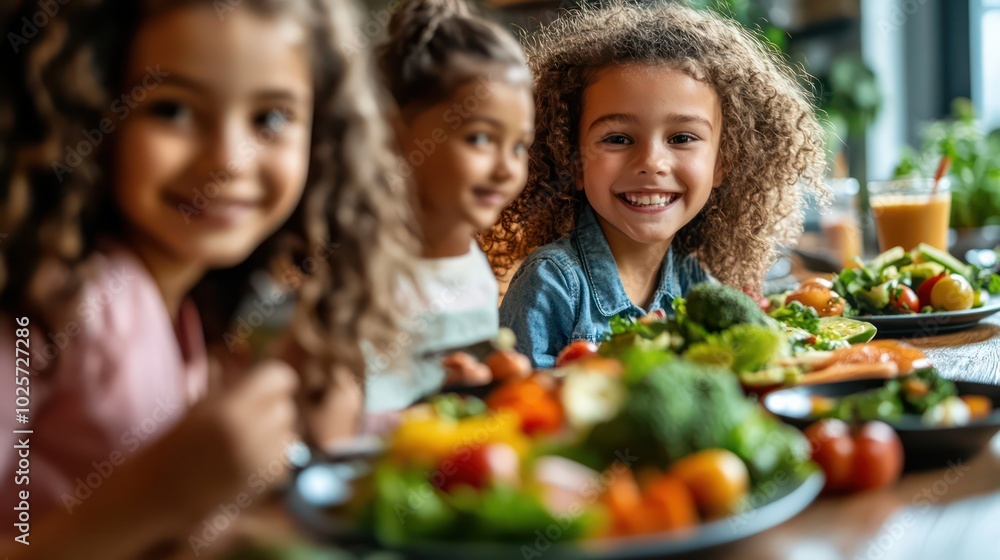 Children enjoying a colorful, balanced vegan meal with fruits, veggies, and plant-based proteins, promoting healthy eating habits Children enjoying a colorful, balanced vegan meal with fruits, veggies, and plant-based proteins, promoting healthy eating habits