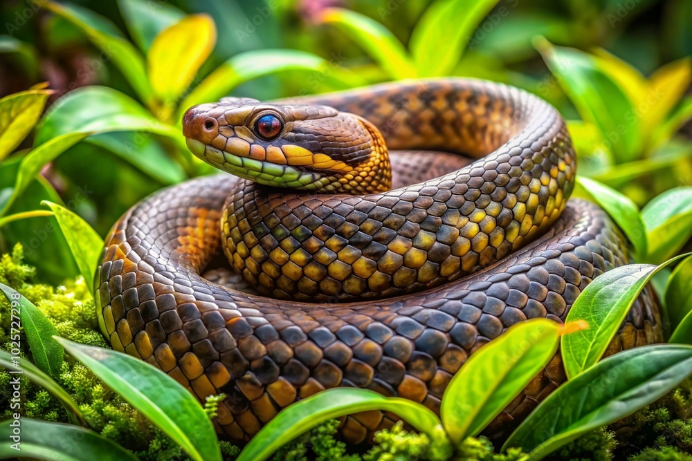 A green snake is curled up in a leafy green bush A green snake is curled up in a leafy green bush