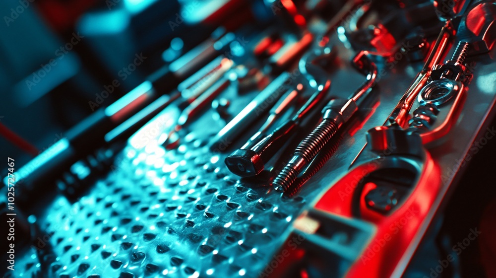 Closeup of mechanical parts with red and blue lighting. Closeup of mechanical parts with red and blue lighting.