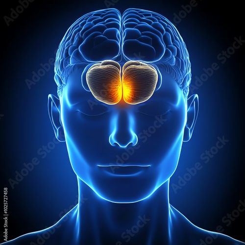 A front view of the pituitary gland, showing its location at the base of the brain and its role in hormone regulation. photo