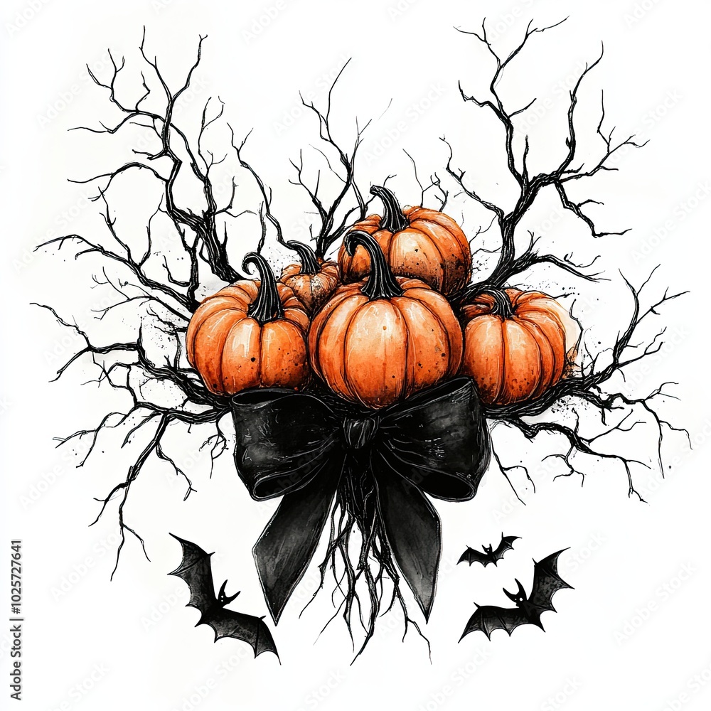 Naklejka premium Halloween pumpkins with black bows and bats, Watercolor illustration of three pumpkins tied with black bows, surrounded by twisted branches and bats, creating a spooky Halloween decoration.