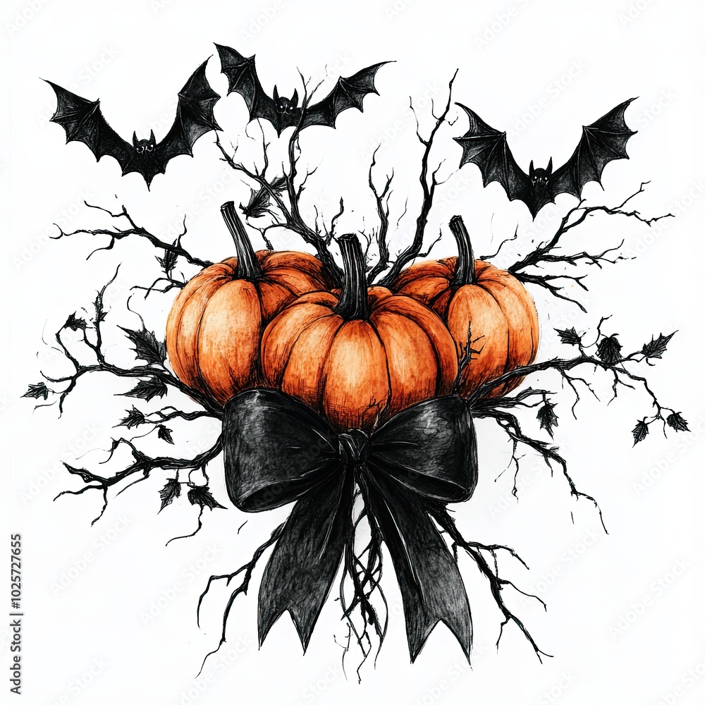 Naklejka premium Halloween pumpkins with black bows and bats, Watercolor illustration of three pumpkins tied with black bows, surrounded by twisted branches and bats, creating a spooky Halloween decoration.