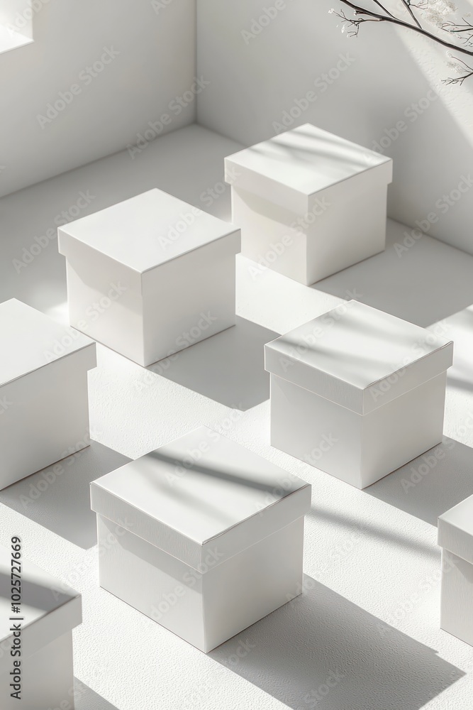 Render a series of small white cardboard box mockups in realistic 3D vector format. Render a series of small white cardboard box mockups in realistic 3D vector format.