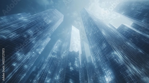 Futuristic city with blurry moving glass buildings and skyscrapers. Use a white and blue theme.