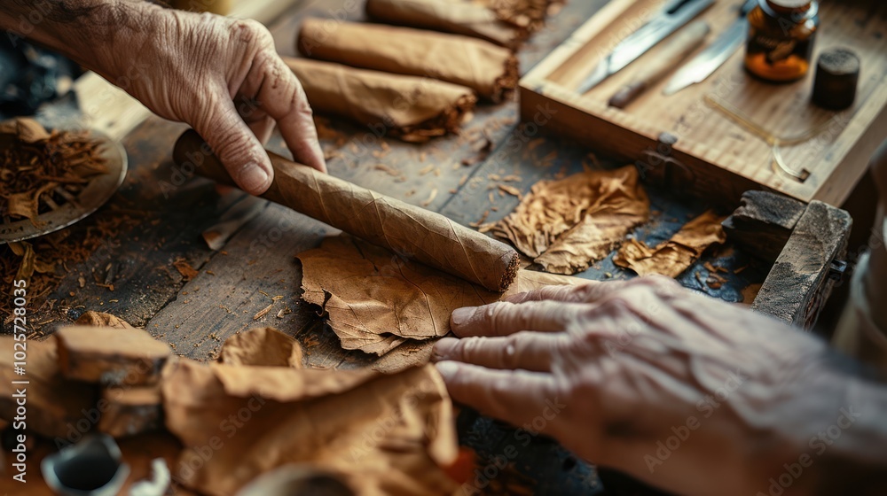 Hands Rolling a Cigar with Tobacco Leaves on a Wooden Table