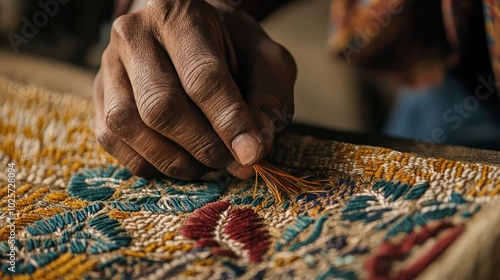 Artisan hand-embroidering detailed patterns onto a fabric, blending cultural motifs with sustainable, eco-friendly materials
