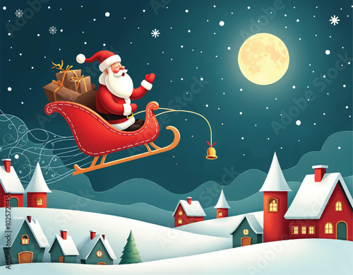 a cartoon illustration of santa is riding a sleigh with a christmas tree and moon in the background