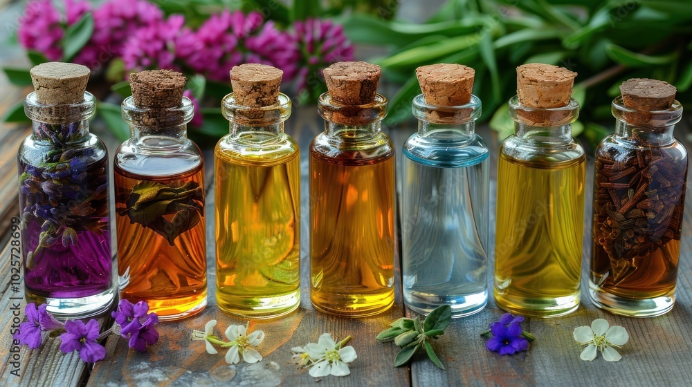 Colorful array of handcrafted essential oils and herbal infusions displayed amidst vibrant flowers. Generative AI Colorful array of handcrafted essential oils and herbal infusions displayed amidst vibrant flowers. Generative AI