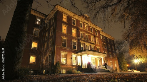 An overnight stay at a haunted hotel, part of a dark tourism experience where guests report ghostly encounters. photo