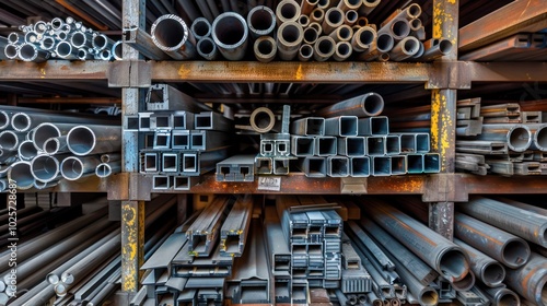 A Metal Storage Rack Filled with Various Types of Metal Tubes and Bars