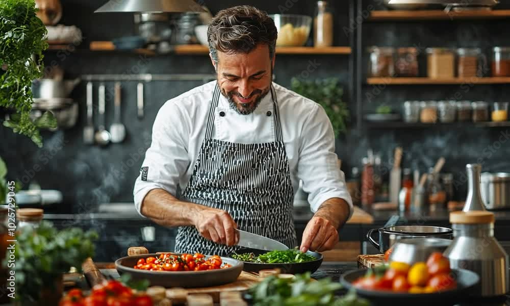 Chef preparing a fresh salad in a cozy kitchen setting. Chef preparing a fresh salad in a cozy kitchen setting.
