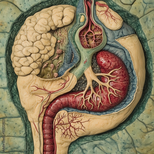 A top view of the gallbladder and bile ducts, showing their role in storing and releasing bile. photo