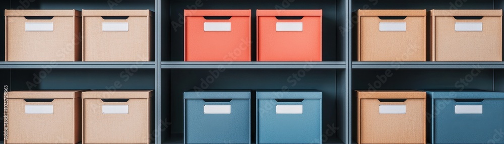 Organized storage boxes in a modern shelving unit, showcasing a minimalist aesthetic. Organized storage boxes in a modern shelving unit, showcasing a minimalist aesthetic.