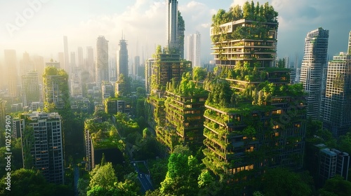 Futuristic Eco Friendly Skyscrapers Surrounded by Lush Greenery in a Sustainable Smart City
