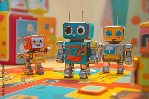 Three Retro Robots Standing on a Colorful Board Game photo