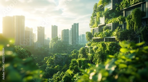 Futuristic Eco Friendly Skyscrapers Surrounded by Lush Greenery in a Sustainable Smart City