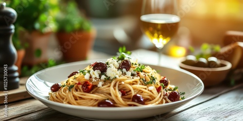 Delicious plate of freshly prepared pasta with cherry tomatoes, feta cheese, and herbs served with a glass of white wine on a rustic table.