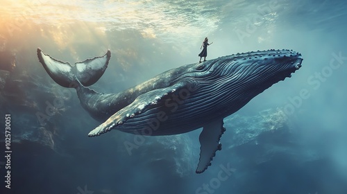 Surreal Flying Humpback Whale and a Woman Underwater photo