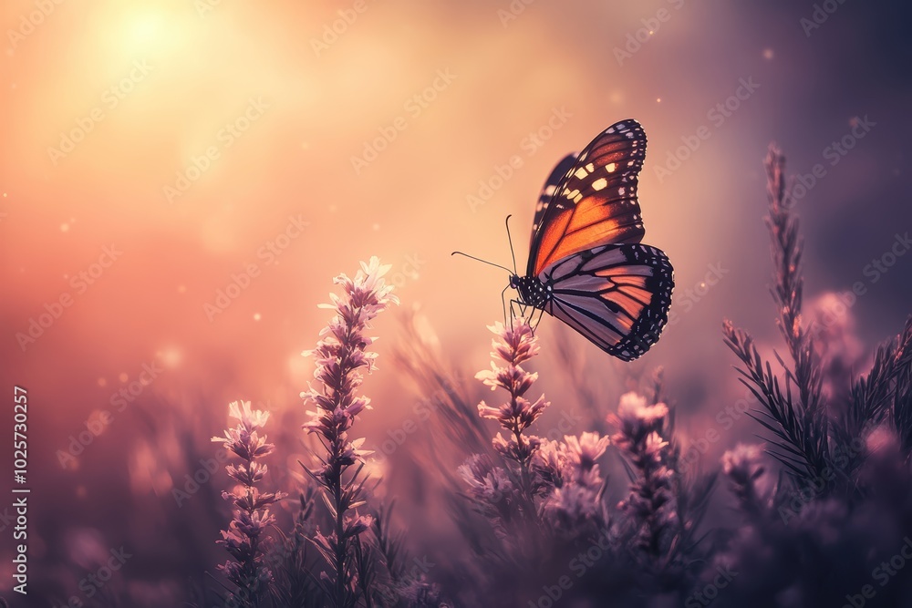 Majestic butterfly on blooming flowers at sunset Majestic butterfly on blooming flowers at sunset