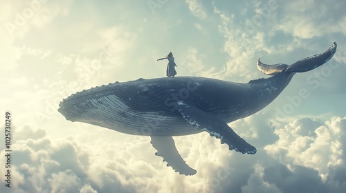 Surreal Flying Humpback Whale and a Woman Underwater photo