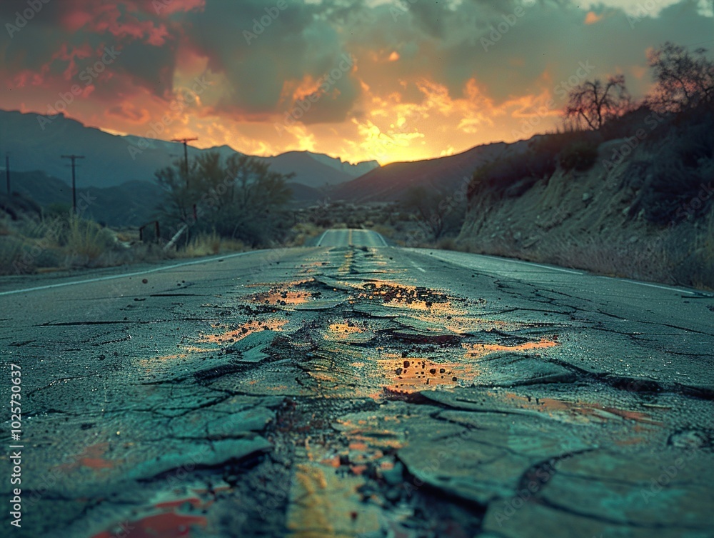 Naklejka premium Cracked Road Leading to a Sunset in the Desert